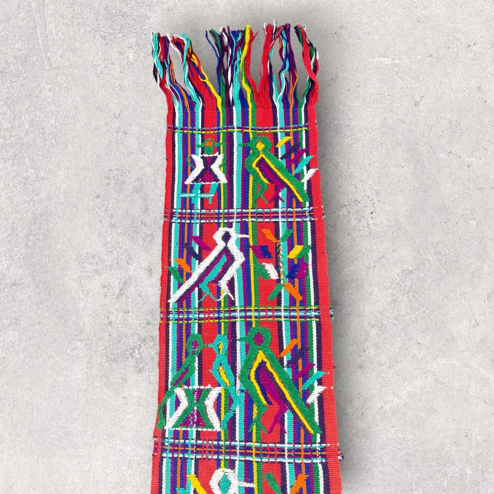 Vintage Guatemalan Handwoven Textile Sash Belt Bird Motif Multi Color Fringe 62"
